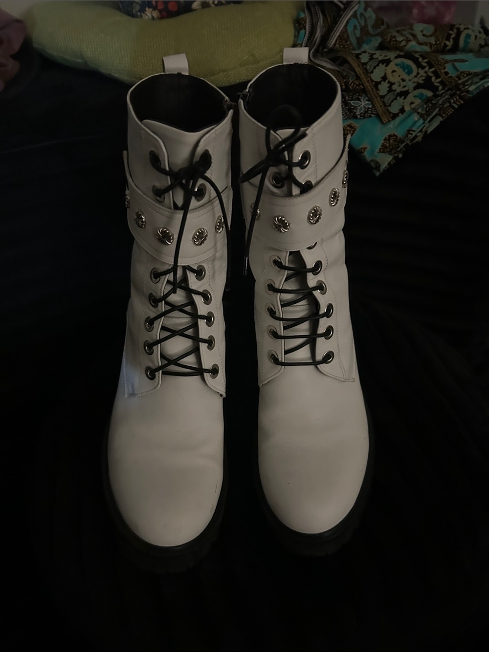 Women's White Lace-Up Studded Combat Boots